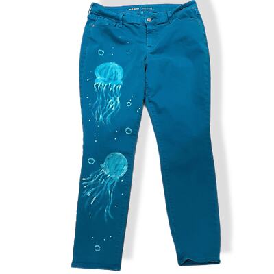 Handmade bleach painted reverse dye teal jeans 14