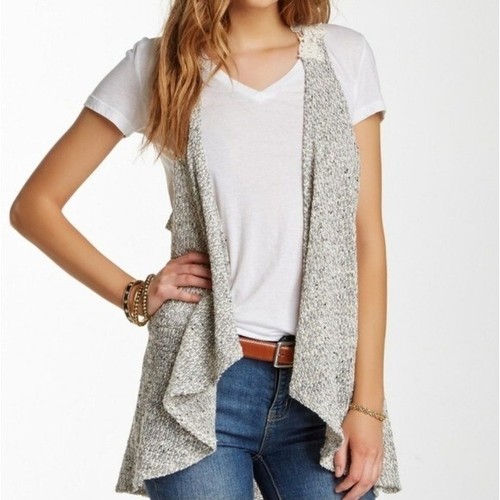 BLU PEPPER Crochet Lace Back Panel Draped Front Marled Knit Cardigan Vest S - Picture 4 of 16