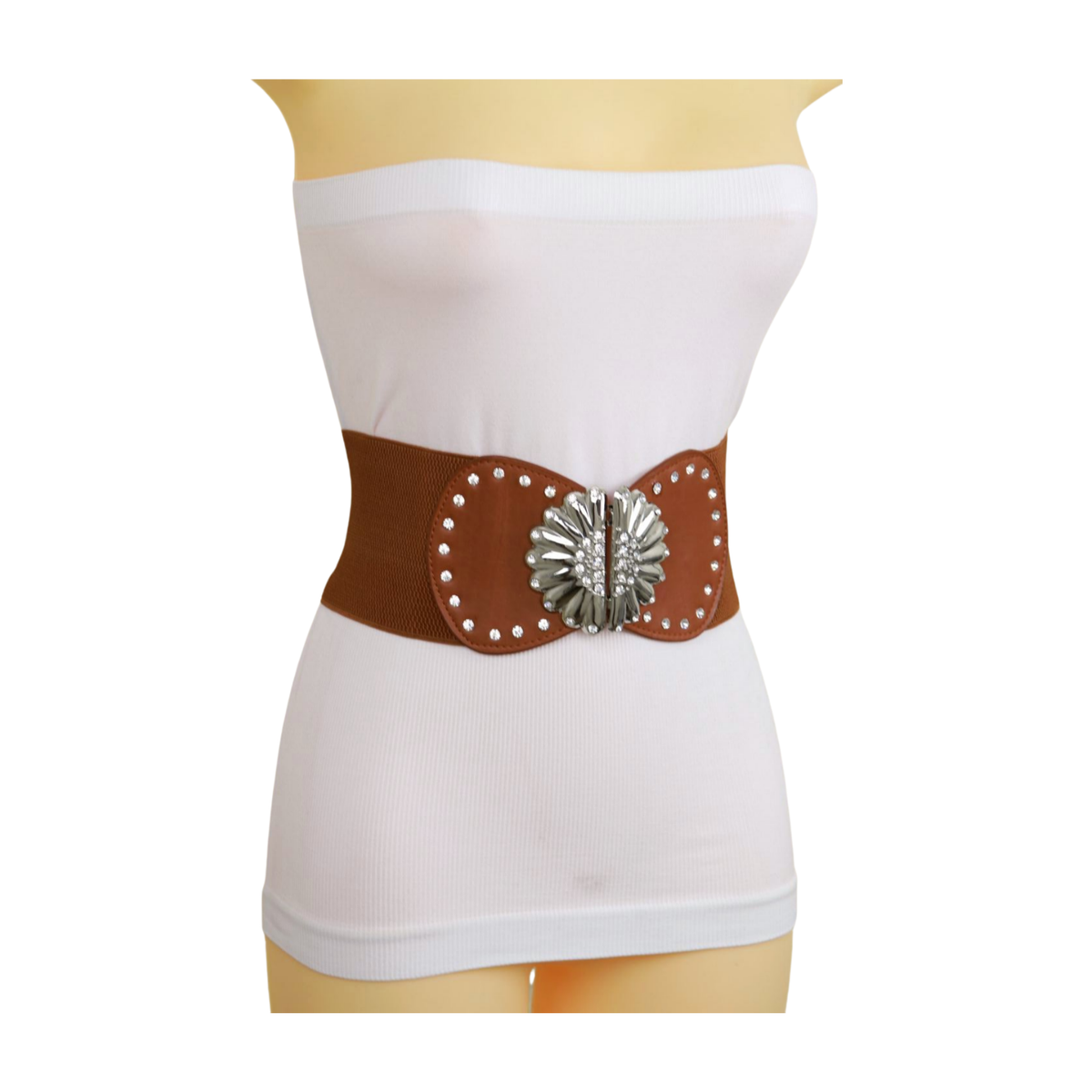 Women Brown Faux Leather Elastic Fashion Hip High Waisted Belt