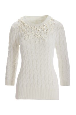 NWT Boston Proper Womens Off White Pearl Embellished Cable Knit Sweater M 10-12