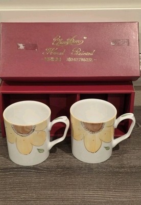 NEW Vintage Korean Hand-Painted Bone China Mug Set (2)   CHUM BON    Yellow Sun 