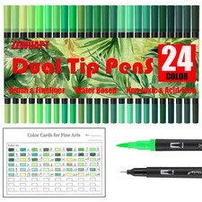 ZZWUAPT Green Double Tip Brush Pens Art Markers,24 Colored Artist Fine Brush...