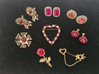 Vintage Red/Gold Tone Costume Jewelry Lot Rhinestone Earrings Brooches Gifts