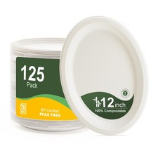 100 Compostable Oval Paper Plates 12 Inch, 125-Pack Large Heavy Duty Paper Pl...
