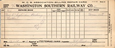 M.C.B. Billing Repair Card 1913 Washington Southern Railway Potomac Yard
