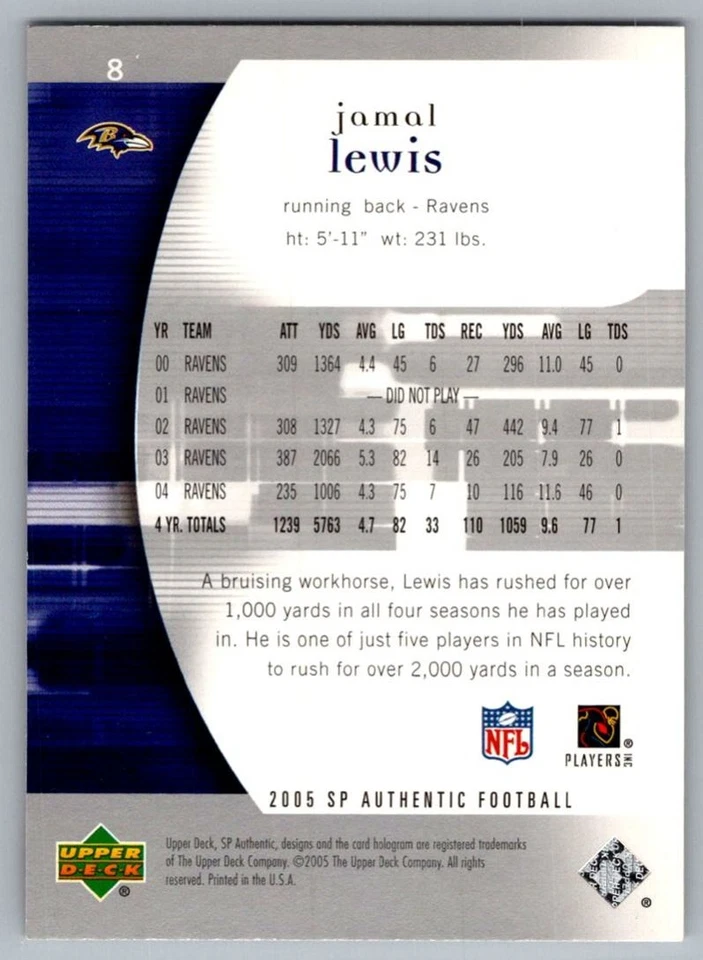 2005 SP Authentic Jamal Lewis Baltimore Ravens #8 - Image 2 of 2