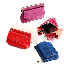 Women's Genuine Leather Zipper Coin Purse Mini Pouch Change Wallet with Keychain