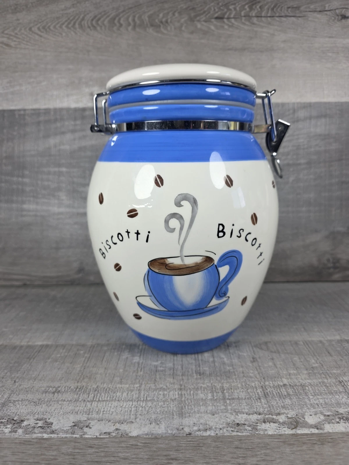 Inspirado Cookie Biscotti Jar Blue Coffee Cup Airtight Canister b212