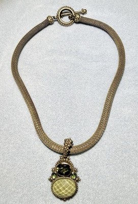 Vintage Stephen Dweck Necklace  Carved Stone Peridot? Mesh Chain