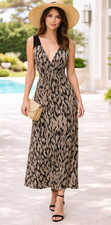 Hobbs Animal Print Maxi Dress Beige Black Sleeveless V Neck Occasion Size UK 12
