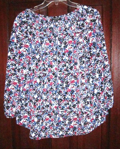 Jones NY Signature Sz M Top Blouse Shirt Artsy Polka Dot Print 3/4 Sleeve Flowy