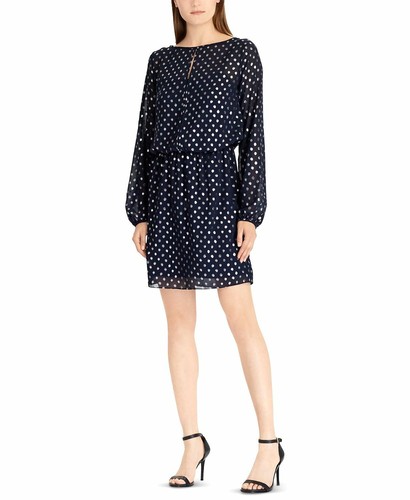 $248 American Living Women'S Blue Silver Dotted Long Sleeve Shift Dress Size 12