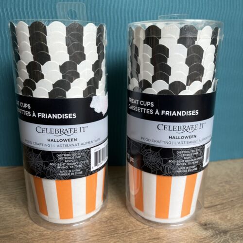 NEW 36 Snack Cups Paper Baking Scallop Top Black Orange White Stripe Treat