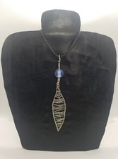 Handmade Silver Colored Copper Wire Wrapped and Blue Glass Leaf Necklace 18"