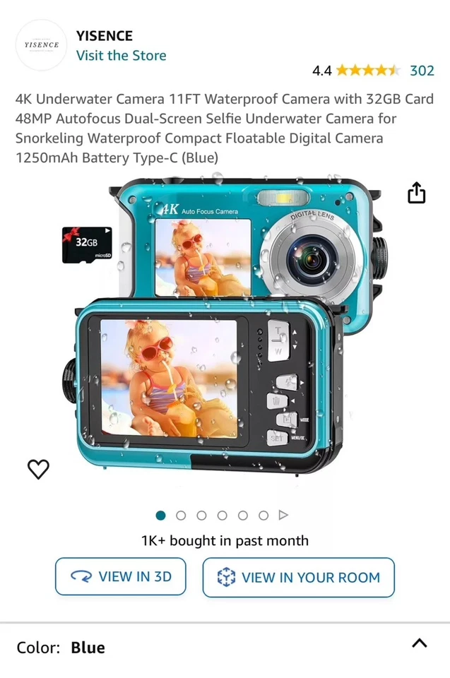 Подводная камера 4K 11 футов водонепроницаемая с картой 32 ГБ 48 МП автофокус двойной экран... - Изображение 2 из 4