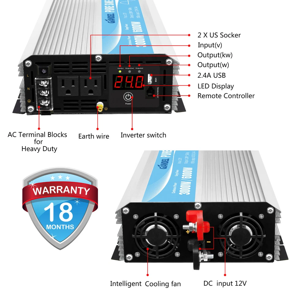 Inversor de Potencia Sinusoidal Pure 3000W 24V a 110V-120V EE. UU. Transistor Control Remoto de 4,5 m de Largo Foto 3 de 4
