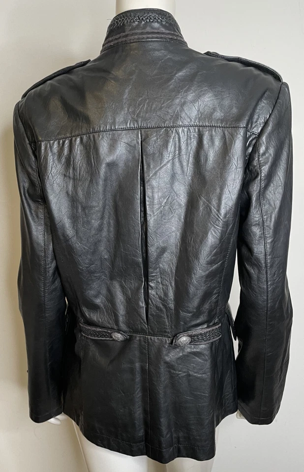 Double D Ranch Black Leather Military Jacket L Pockets Silver Eagle Button Braid - Image 2 of 4
