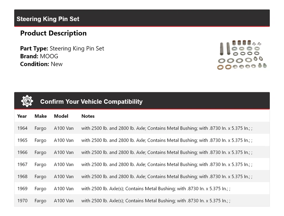 Набор штифтов рулевого управления для фургона Fargo A100 1964-1970 годов выпуска MOOG 1964 1965 1966 1967 1968 - Изображение 2 из 4