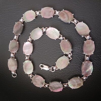 Sterling Silver Black Mother Of Pearl 18  Station Necklace Multi Oval Stones