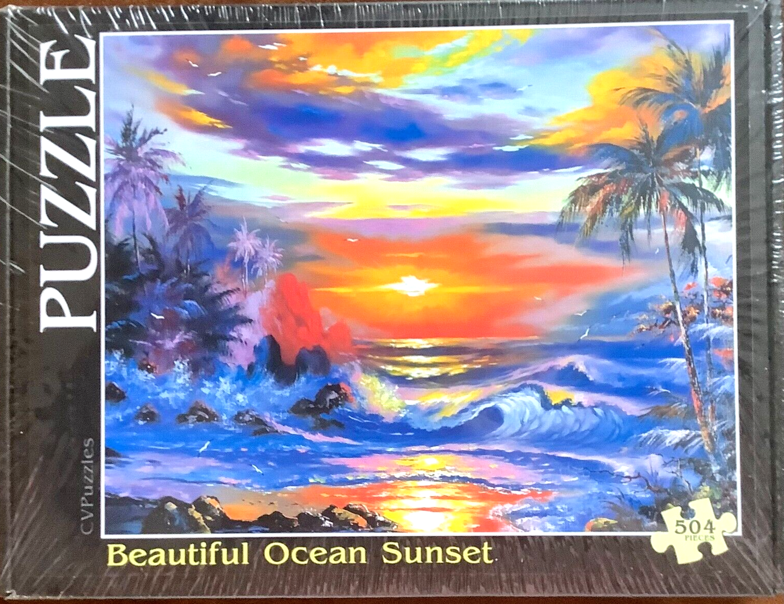 Stunning Ocean Sunset 500-Piece Puzzle with Crashing Waves & Palm Trees