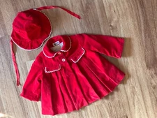 Vintage Daisy Of California Baby Little Girl Red Velvet Coat & Hat 9 - 12 Months