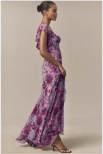 BHLDN Chiffon Purple Floral Ruffle Long A-Line Dress M Cowl Neck Flutter Sleeve