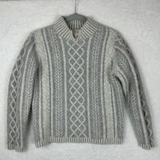 LL Bean Sweater Women L fit S Gray Aran Cable Knit Fisherman Merino Angora