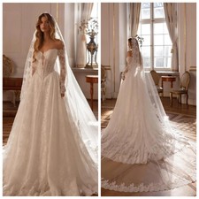 White Off Shoulder Wedding Dresses Long Sleeves Lace Train A-Line Bridal Gowns
