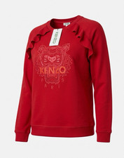 KENZO Paris Red Tiger Logo Graphic Ruffle Crewneck Fleece Sweatshirt S