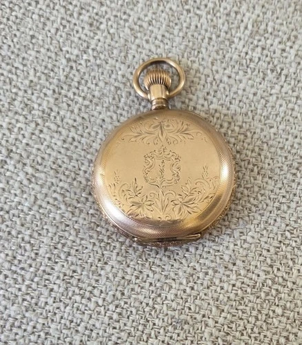 Antique 1890s Elgin Ladies Hunting Gold Filled Pocket Watch Lion Warranted