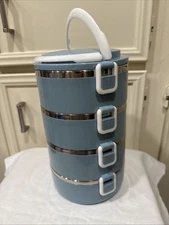 Stackable Lunch/Bento Box 4 Sections Stainless Steel, Handle. Powder Blue/Silver