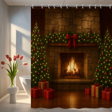 Christmas Shower Curtain with Red Bow and Holiday Decor