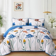 Blue Quilt Set Queen Size,Cute Floral Botanical Bedspread Bedding Set with 2 ...