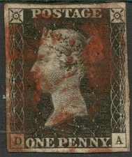 GB  QV 1840 Penny Black (DA) , 4 Margins, very Fine Used RED  Maltese Cross