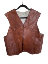 Vintage Genuine Leather Shearling Lined Vest Brown Snap Front Made in Mexico