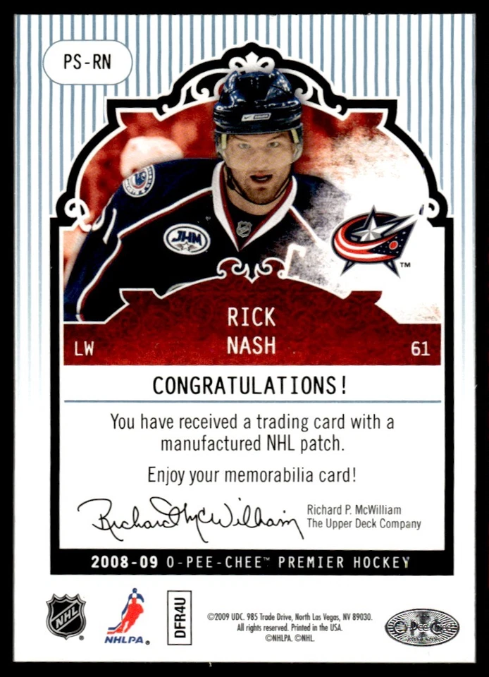 2008-09 O-Pee-Chee Premier Stitchings Blue Rick Nash 19/25 #PS-RN - Image 2 of 2