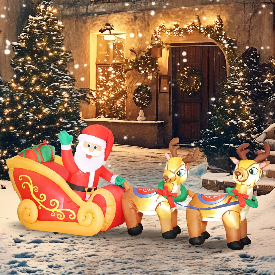 240 cm Aufblasbarer Weihnachtsmann auf Schlitten mit 2 Rentier LED-Lichtern - Bild 3 von 4