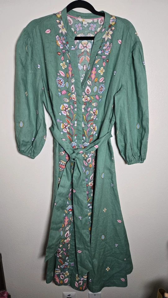 Vestido Boden Addie 100% Lino Verde Midi Estampado Floral Talla 10R Foto 4 de 4