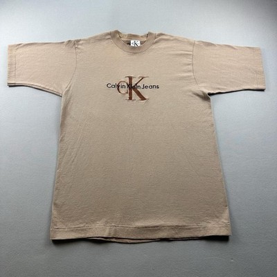 Vintage Calvin Klein Jeans T-Shirt Mens Medium Tan Logo Embroidered Made USA 90s