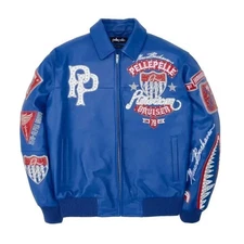 "Vintage Pelle Pelle Blue Leather Jacket with Embroidered Patches & Logos - Men'