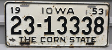 1953 Iowa Corn State License Plate 23-13338 Clinton County
