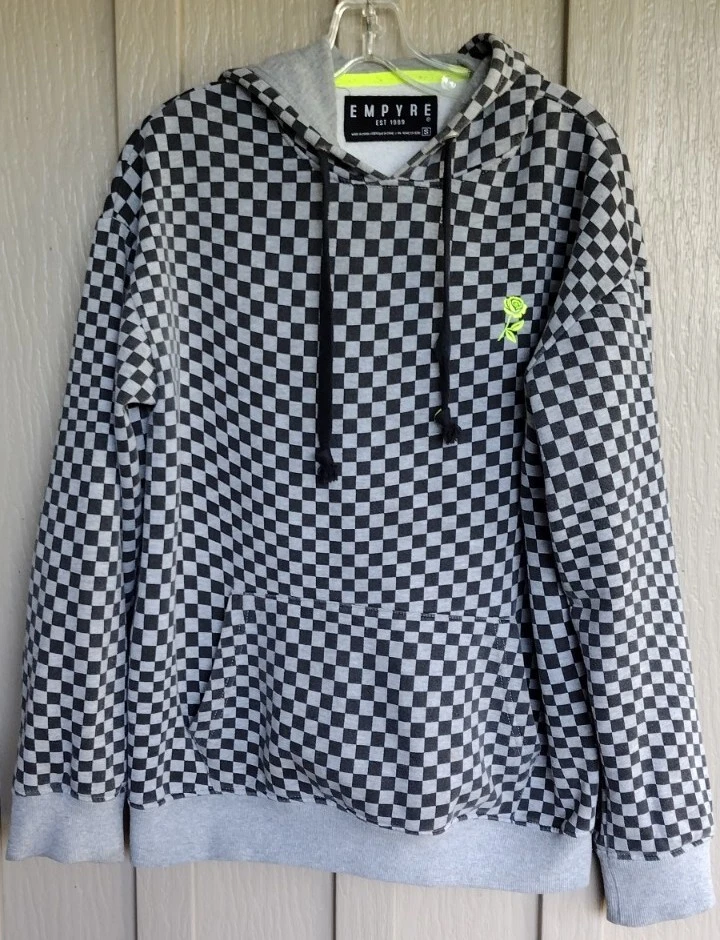 Empyre 99 Sweatshirt Hoodie Rose Embroided Black Grey Checkered Men s Small