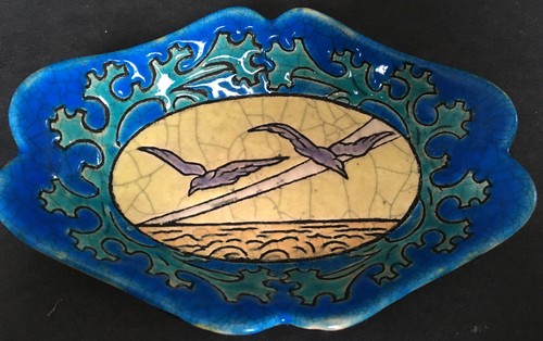 Vintage Longwy Pottery Faience 5 & 1/2 Inch Candy Dish With Birds Seagulls - Picture 6 of 6