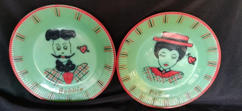 2 Fire King Green Jadite USA Americana Hand Painted folk Art Plates  color