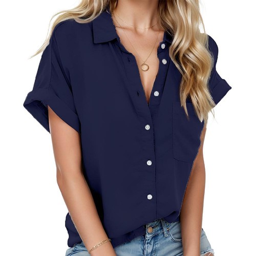 Womens Short Sleeve Shirts V Neck Collared Button Down Shirt Tops with Pockets ! - Picture 15 of 15