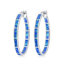 Blue Fire Opal Hoop 925 Silver Earrings Gemst...
