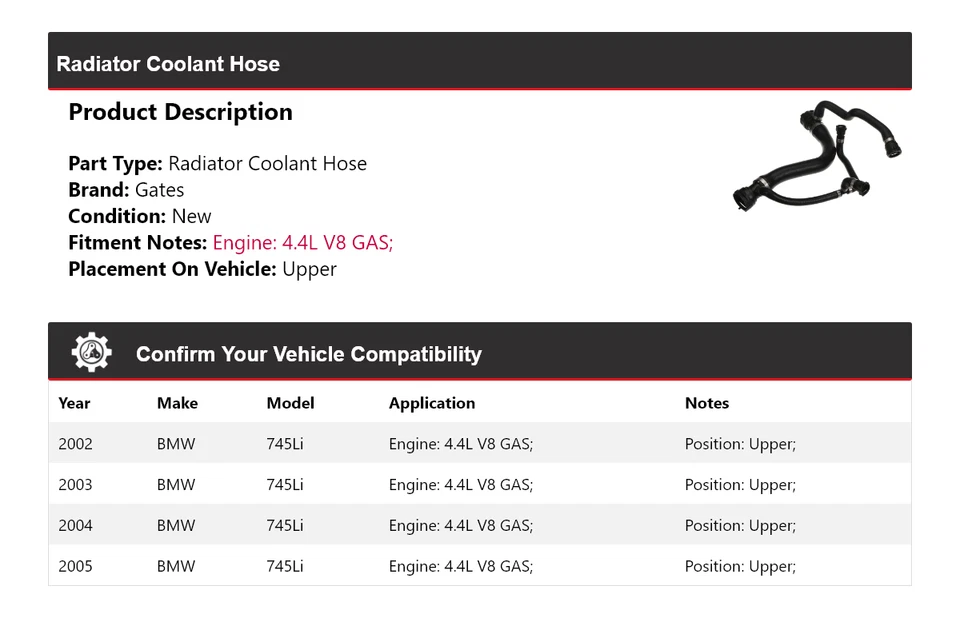 Manguera de refrigerante de radiador de gas V8 4,4 L para BMW 745Li 2002-2005 puertas superiores 2003 2004 Foto 2 de 3