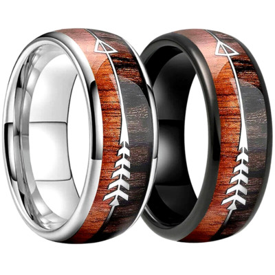 Men's 8mm Tungsten Cupid's Arrow Koa & Zebra Wood Inlay Comfort-Fit Wedding Band