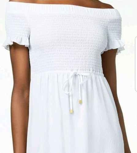 NWT MICHAEL KORS Off-The-Shoulder Smoked Dress White $135 Size Small - Picture 2 of 4