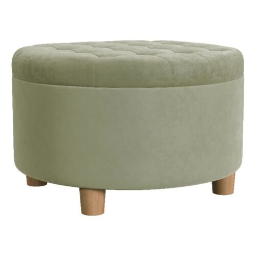 HomePop 17" Transitional Round Fabric Storage Ottoman in Light Sage Green - Picture 1 of 8